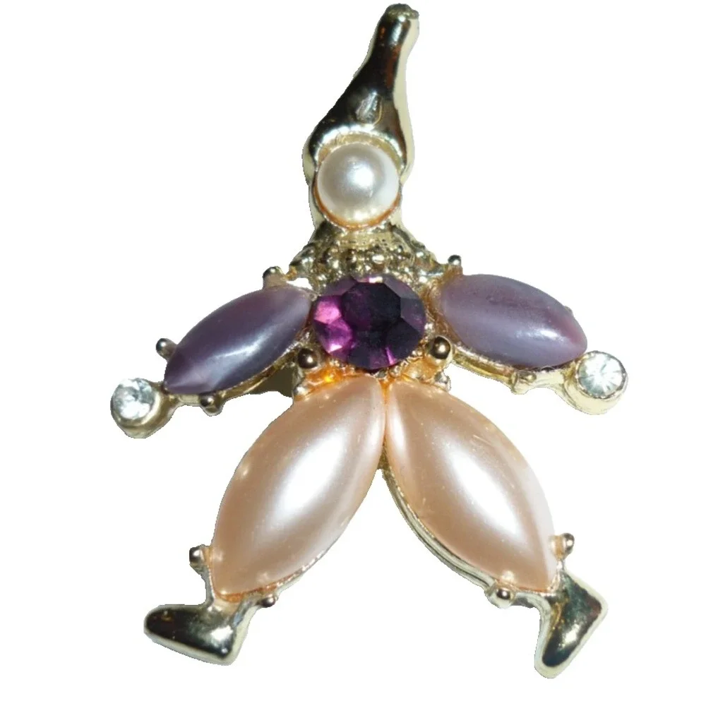Vintage Gold Tone Clown Brooch Purple Peach Cabochon Faux Pearl Rhinestone Pin